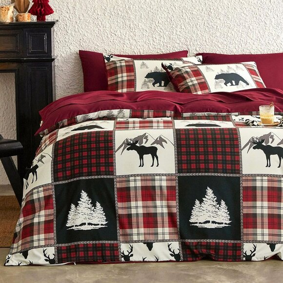 New 3 PC Rustic Woodland Moose & Bear Plaid Patchwork Comforter Set • QUEEN Size - Picture 1 of 8